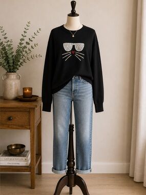 Luxury Karl Lagerfeld Paris Playful Choupette Cat Embellished Sequin Sweater